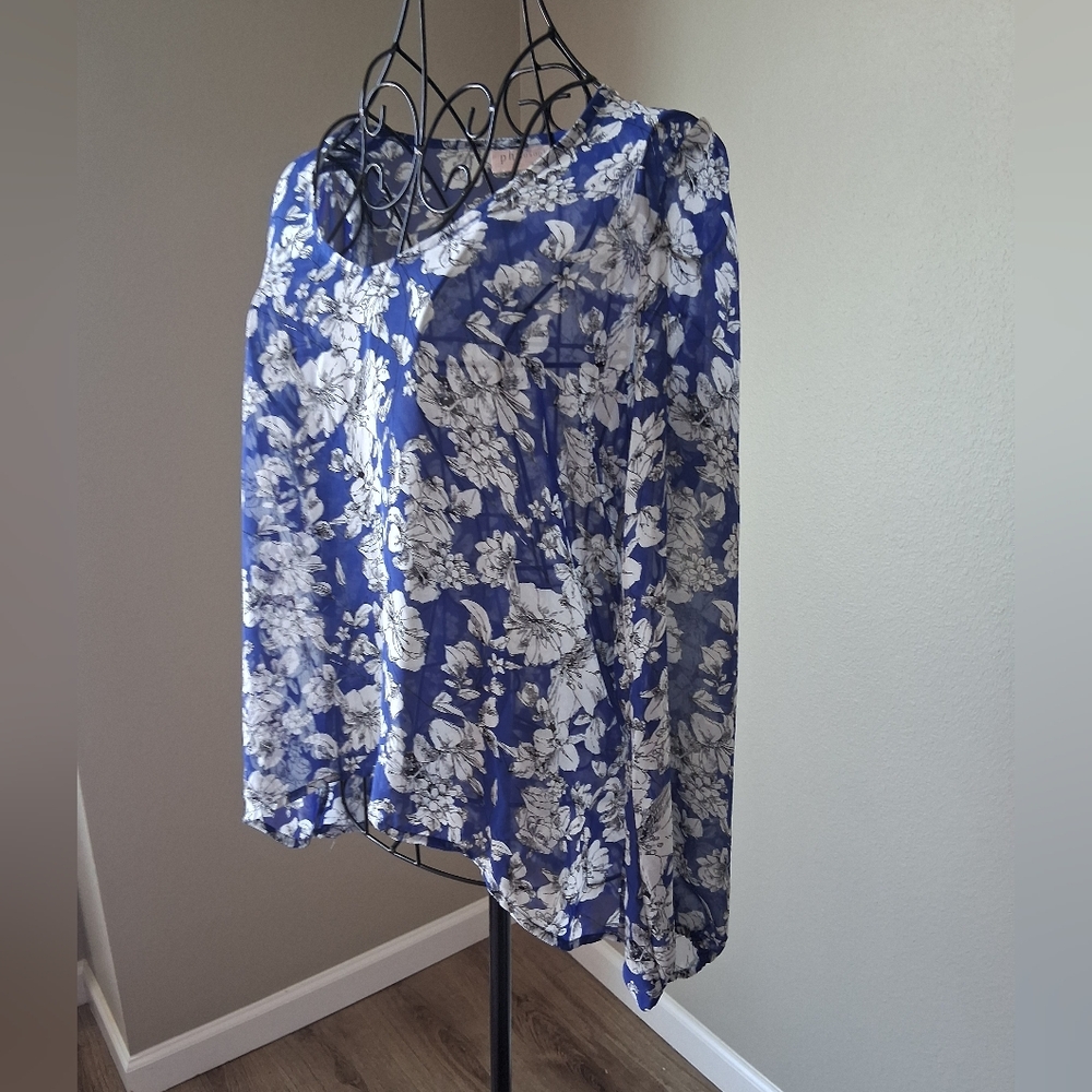 Floral Blue and White Sheer Blouse